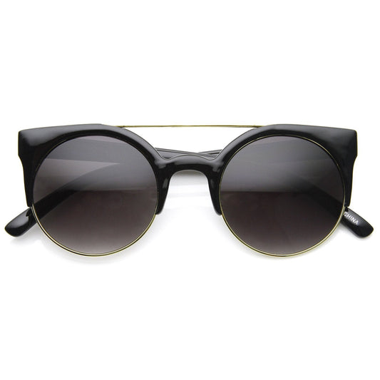 Double Bridge Round Half Frame Cat Eye Sunglasses