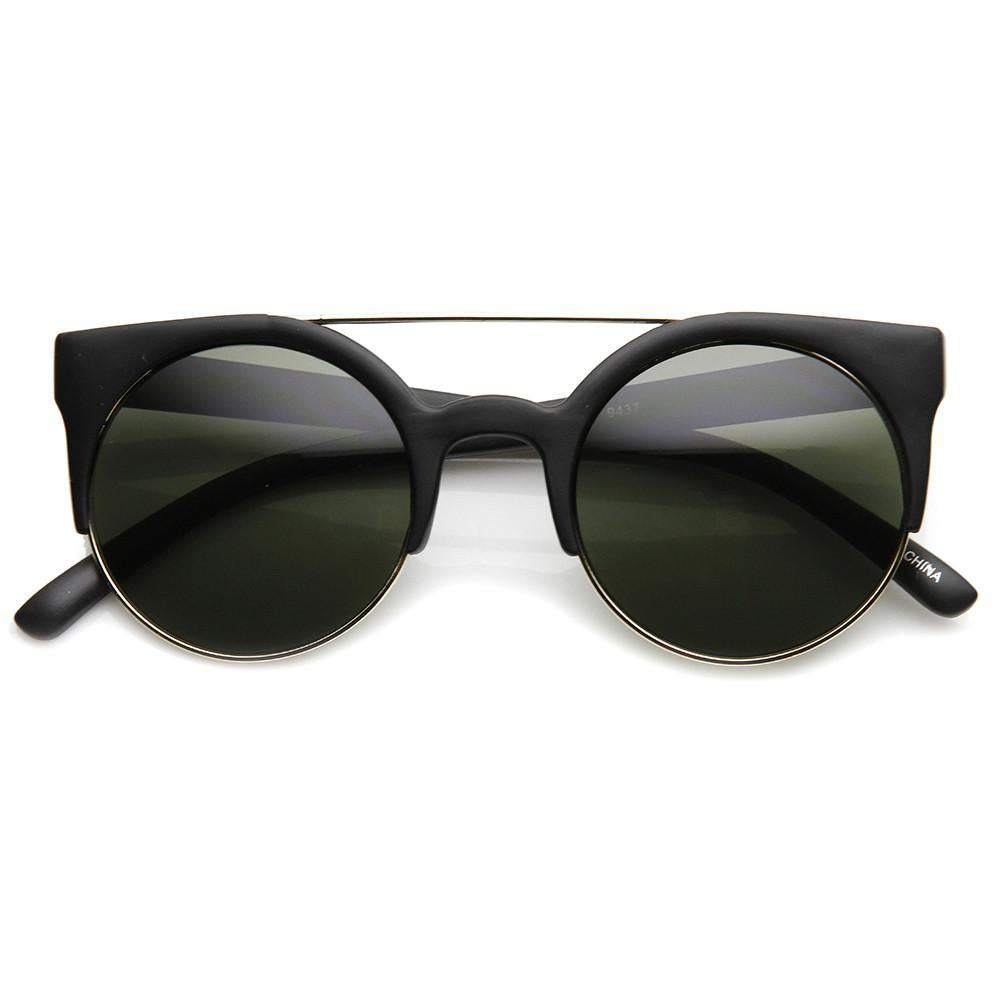 Double Bridge Round Half Frame Cat Eye Sunglasses